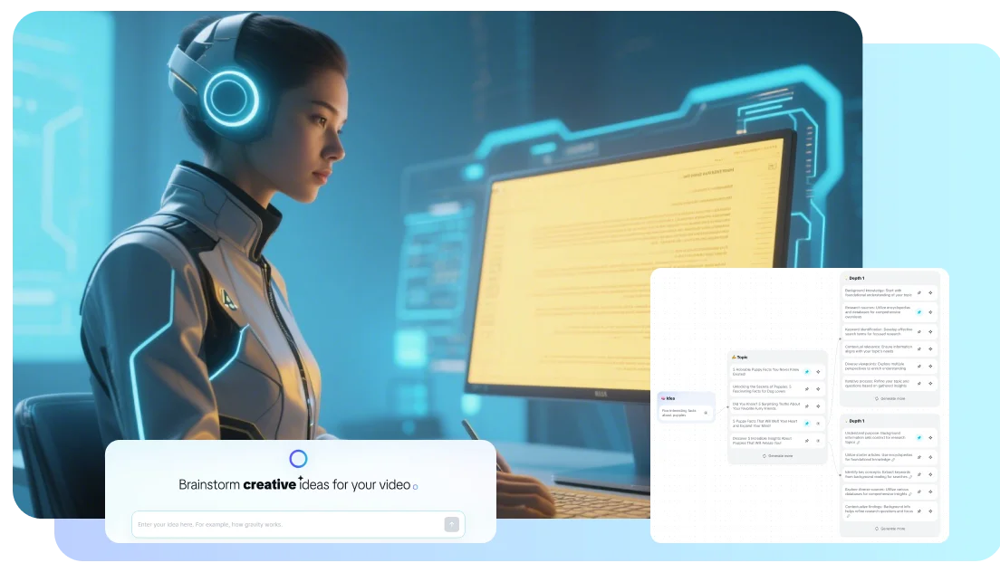 Панель разработки идеи для AI-видео рядом с изображением футуристического героя